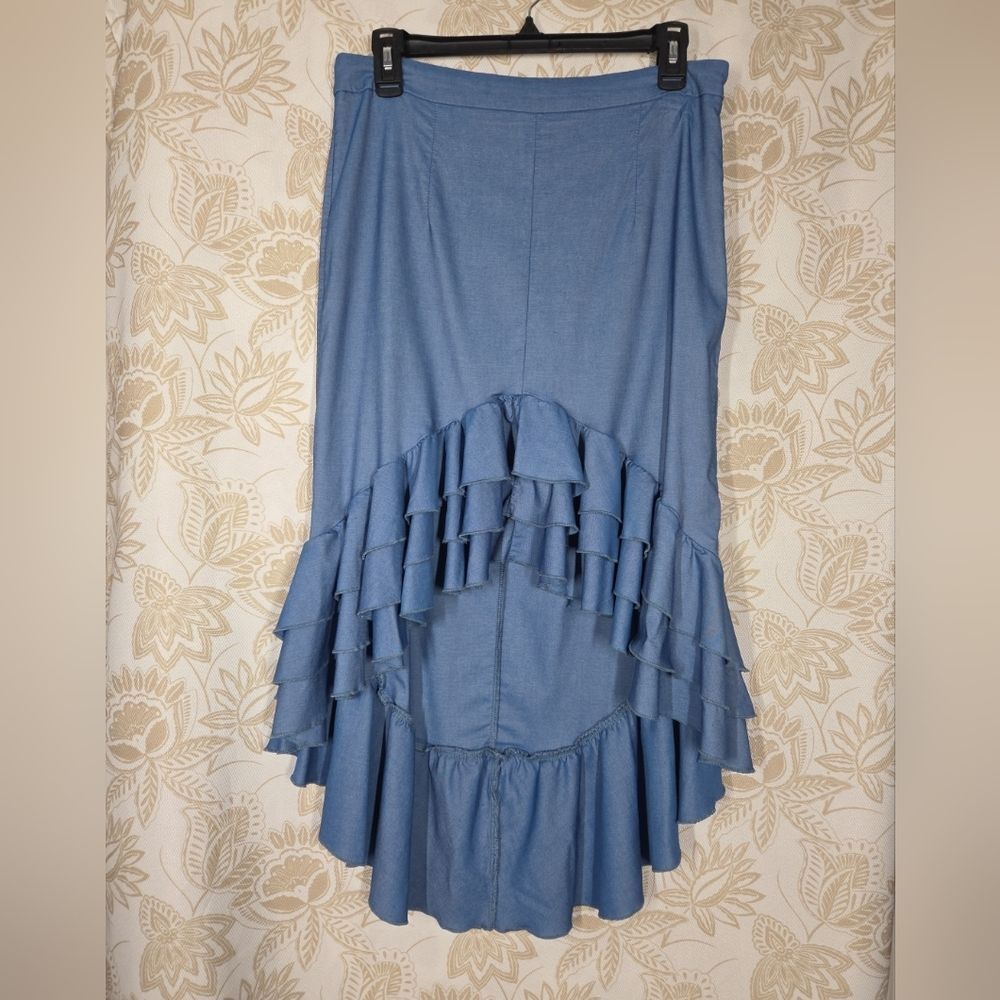 NYLON APPAREL CHAMBRAY FLAMENCO COCKTAIL HI LOW TIERED RUFFLE MIDI SKIRT sz L